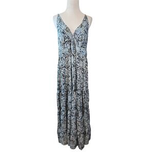 White‎ Waves Blue Gold Foil Abstract Tiered Maxi Dress NWT Womens L/XL